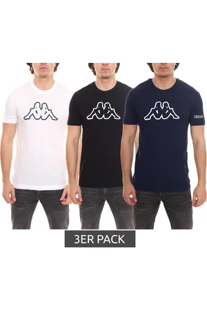 Kappa 3er Pack Herren Baumwoll-Shirt Rundhals-Shirt mit großem Logo-Patch Kurzarm-Shirt Blau, Schwarz oder Weiß