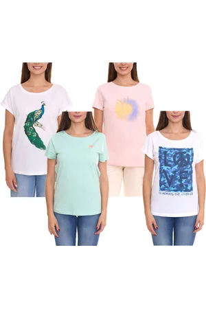 AJC Damen T-Shirt mit verschiedenen Prints kurzärmliges Sommer-Shirt Baumwolle Mint, Rosa oder Weiß