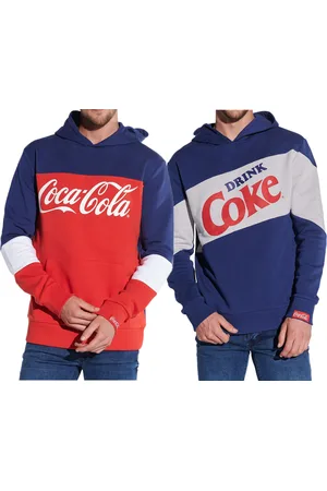 Course Coca Cola Herren Hoodie im Color-Blocking-Design Kapuzen-Pullover mit Coca Cola-Print oder Retro Coke-Print Baumwoll-Sweater Blau/Rot/Weiß oder Blau/Weiß
