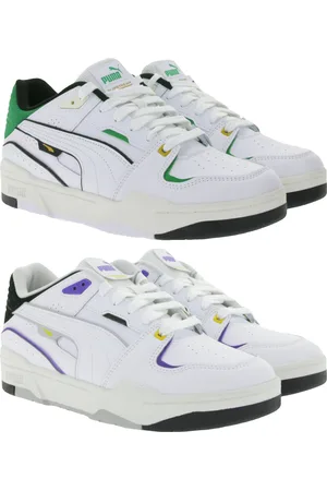 PUMA SLIPSTREAM Echtleder-Schuhe im Retro-Vibe Freizeit-Sneaker mit farbigen Akzenten Schnür-Schuhe 393266 Weiß/Lila oder Weiß/Grün