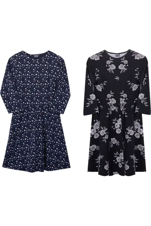 Kidsworld Kinder Sommer-Kleid für Mädchen Baumwoll-Kleid mit Allover-Blumen und Sternen-Print Sommer-Kleid Schwarz oder Dunkelblau