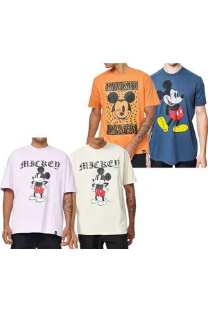 RE: X Disney Herren T-Shirt mit Grumpy Mickey Mouse Print Baumwoll-Shirt mit großem Schriftzug Rundhals-Shirt Beige, Blau, Violett oder Orange