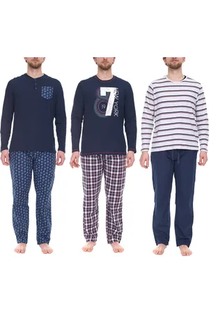Livergy Herren Pyjama-Set 2-teilig Schlafanzug mit Blätter Allover-Print, gestreift oder kariert Baumwoll-Pyjama OEKO-TEX Standard 100 426871 Blau, Weiß