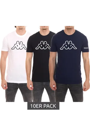 Kappa 10er Sparpack Herren Baumwoll-Shirt Rundhals-Shirt mit großem Logo-Patch Kurzarm-Shirt Blau, Schwarz oder Weiß