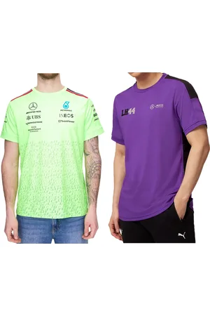 Mercedes AMG Petronas F1 Herren T-Shirt mit Sponsoren-Logos oder George Russell-Print Kurzarm-Shirt Neon-Grün oder Lila