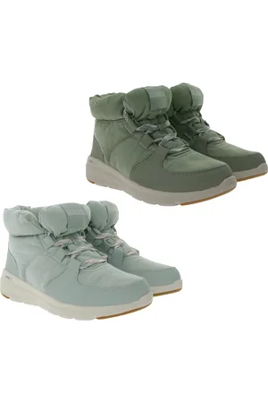 Skechers Damen Glacial Ultra Trend Up Ankle-Boots mit Ultra Go-Dämpfung Winter-Schuhe mit Air Cooled-Goga Mat 144194 Türkis/Blau oder Oliv-Grün