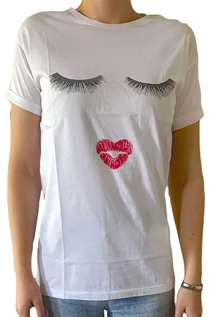 Course Damen T-Shirt mit Kussmund-Aufdruck Sommer-Shirt Baumwoll-Oberteil Freizeit-Shirt 900069 Weiß