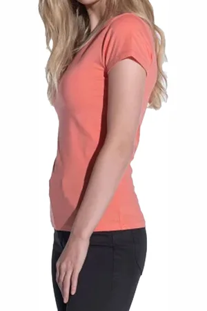 Course Damen T-Shirt mit V-Ausschnitt Sommer-Shirt Baumwoll-Oberteil Freizeit-Shirt 900779 Coral