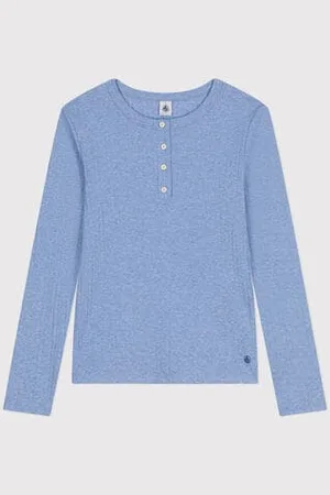 Petit Bateau Langärmeliges Damen-T-Shirt mit Kragen mit Knopfleiste im einfarbigen Nadelzug-Strick