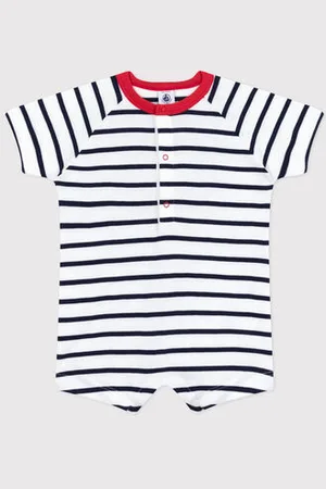 Petit Bateau Kurzärmeliger Baby-Kurzoverall aus Baumwolle mit Streifen und farblich abgesetztem Kragen.