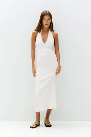Pull&Bear Weißes Midikleid Mit Schweizer Stickerei