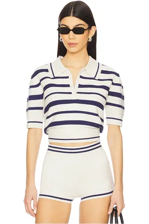 For Love & Lemons Simona Pointelle Striped Polo in . Size L.