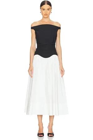 Simkhai SCHULTERFREIES MIDIKLEID CERSEI in Black,White. Size 10, 2, 4, 6, 8.