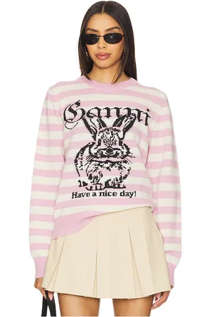 Ganni Striped Bunny Graphic Sweater in Pink,Ivory. Size M, S, XS.