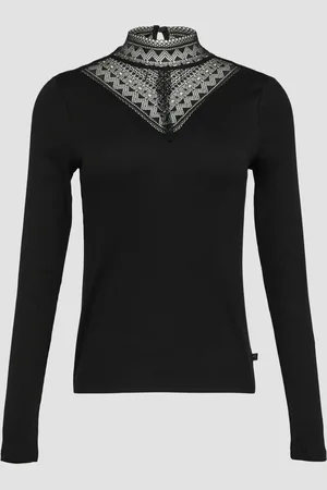 QS by s.Oliver Rippshirt mit Spitzeneinsatz und Stehkragen aus Spitze, Damen