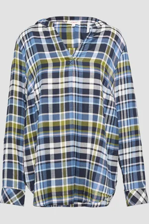 QS by s.Oliver Karierte Bluse aus Viskosemix und Krempel-Detail, Damen
