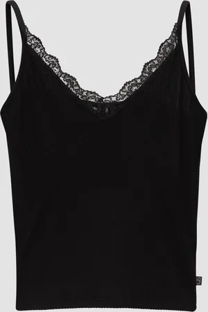 QS by s.Oliver Verkürztes Slim-Fit-Top mit Spitzen-Detail und Rippstruktur, Damen