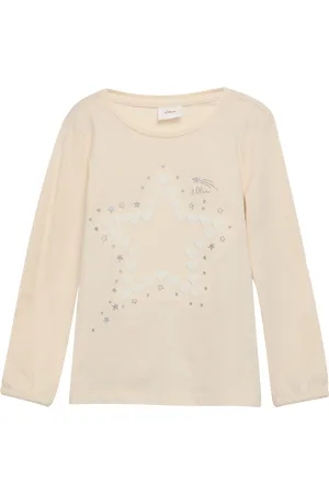 QS by s.Oliver Langarmshirt mit Glitter-Print und Chiffon-Applikation, Kinder