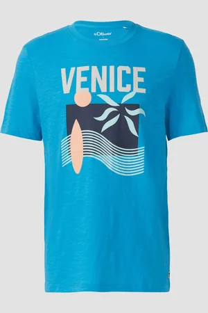 QS by s.Oliver Baumwoll-T-Shirt mit Frontprint und Flammgarnstruktur, Herren