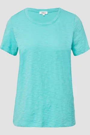 QS by s.Oliver T-Shirt mit Flammgarnstruktur und Ausschnitt-Detail, Damen