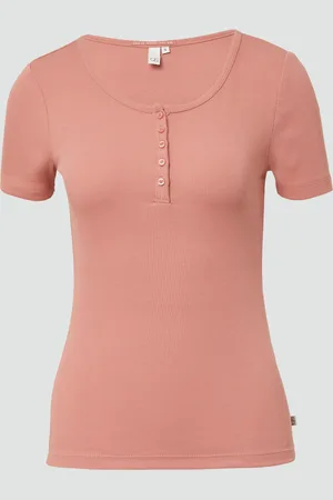 QS by s.Oliver Geripptes T-Shirt mit Knopfleiste, Damen
