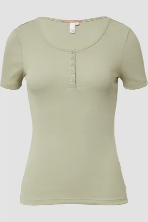 QS by s.Oliver Geripptes T-Shirt mit Knopfleiste, Damen