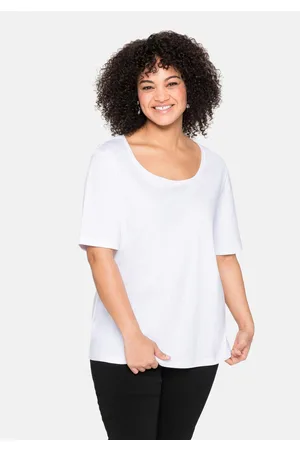 Sheego T-Shirt mit tiefem Ausschnitt und längerem Ärmel, , Gr.40/42