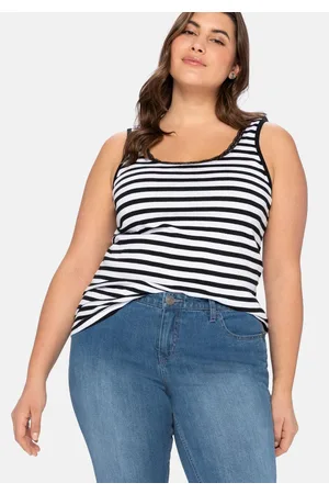 Sheego Tanktop mit Ringeln und Spitze am Ausschnitt, , Gr.40
