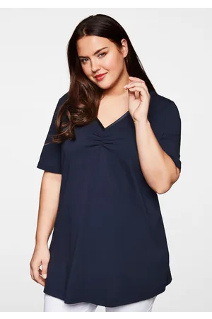 Sheego Longshirt in A-Linie mit Raffung am V-Ausschnitt, , Gr.40/42