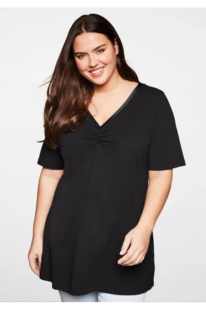 Sheego Longshirt in A-Linie mit Raffung am V-Ausschnitt, , Gr.40/42