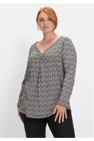 Sheego Langarmshirt mit V-Ausschnitt und Kellerfalte, , Gr.44/46