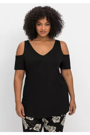Sheego Jerseyhirt mit V-Ausschnitt, im schulterfreien Look, , Gr.40/42