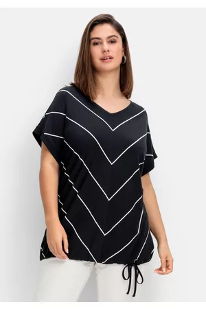 Sheego Shirt mit Streifen und Bindeband am Saum, , Gr.40/42