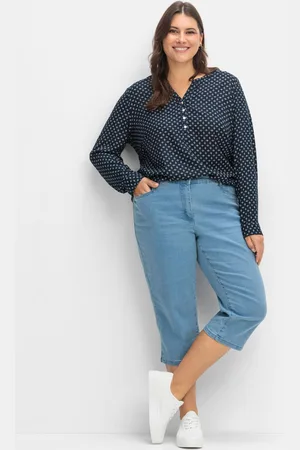 Sheego Caprijeans mit Teilgummibund und Glitzersteinen, , Gr.40
