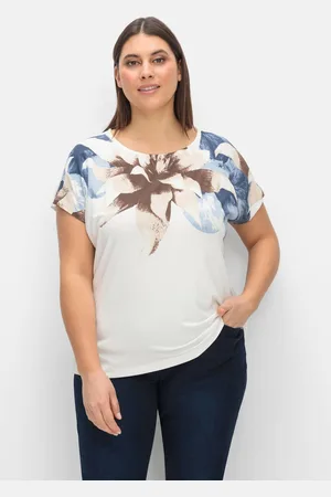 CRÉATION L Jerseyshirt mit Blütendruck am Rundhalsausschnitt, , Gr.40