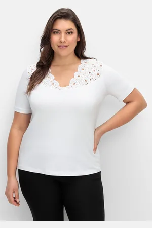 CRÉATION L Shirt mit Spitze an V-Ausschnitt und Schulterbereich, , Gr.42