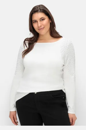 CREATION L PREMIUM Pullover mit U-Boot-Ausschnitt und Glitzersteinen, , Gr.44