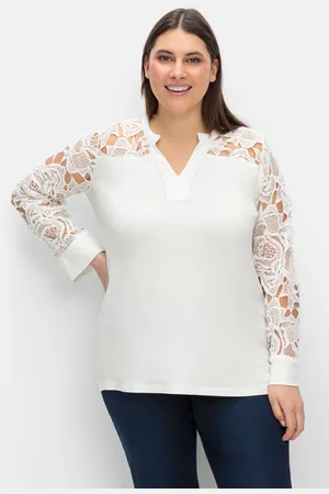 CRÉATION L Langarmshirt mit transparenter Spitze, , Gr.40