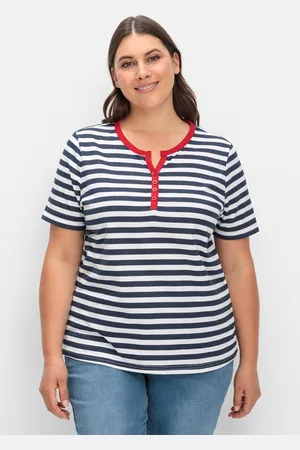 Sheego Streifenshirt mit kurzer Zierknopfleiste, , Gr.40