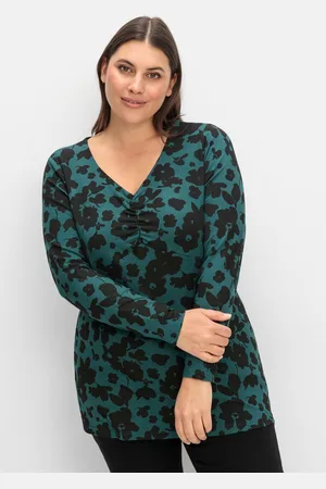 Sheego Langarmshirt mit Blumendruck und V-Ausschnitt, , Gr.40