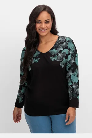 Sheego Langarmshirt mit V-Ausschnitt und Blätterdruck, , Gr.40