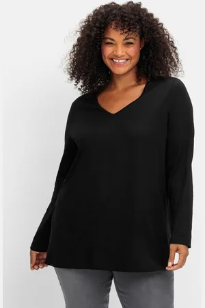 Sheego Langarmshirt mit V-Ausschnitt, in leichter A-Linie, , Gr.40/42