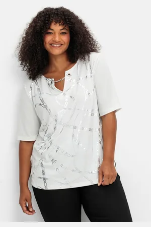 Sheego Shirt mit Ösen und Metallkette am Ausschnitt, , Gr.46