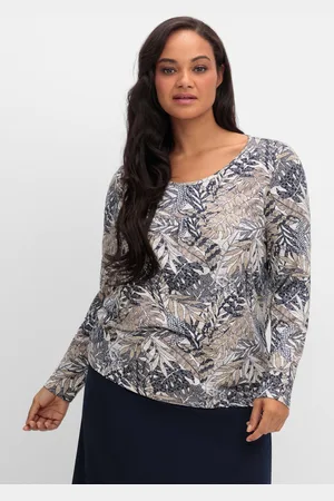 Sheego Langarmshirt mit Blätterprint und Faltendetail vorn, , Gr.40