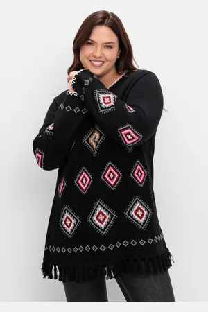 Sheego Pullover mit Ethnomuster und Fransen, , Gr.40/42