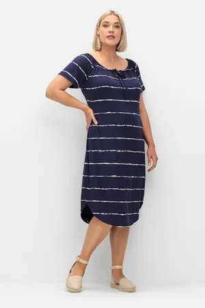 Sheego Streifenkleid mit Carmenausschnitt und rundem Saum, , Gr.40
