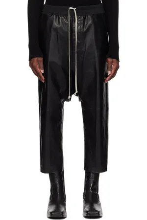 Rick Owens Black Hollywood Drawstring Cropped Leather Pants