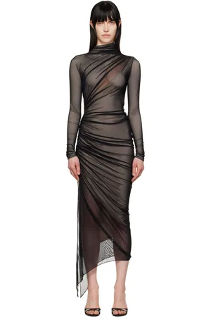 MUGLER Black Asymmetrical Double-Layered Midi Dress