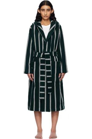 Tekla Green & White Terry Hooded Bathrobe