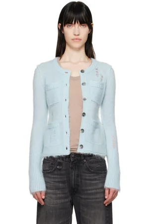 R13 Blue Elongated Shrunken Crewneck Cardigan